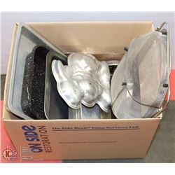 BOX OF ASSORTED BAKING PANS, ROASTING PANS,