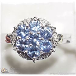 21) ST. SILVER TANZANITE & 6 DIAMOND CLUSTER RING