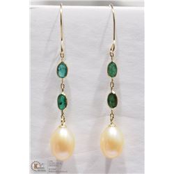 34) 10K Y.GOLD EMERALD & FRESHWATER PEARL EARRINGS