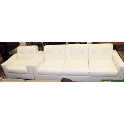 SHOWHOME WHITE LEATHERETTE SOFA AND CHAIR