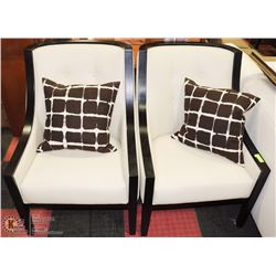 PAIR OF SHOWHOME WHITE LEATHERETTE AND WOOD TRIM