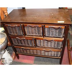 WOOD AND WICKER SHELF UNIT