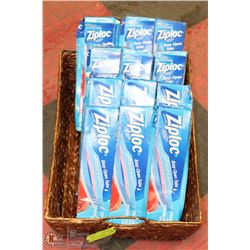 BASKET WITH 12 BOXES OF ZIPLOC LARGE EASY OPEN TAB