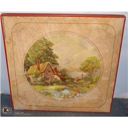 VINTAGE WOOD WITH PAINTED SCENE TABLE WITH