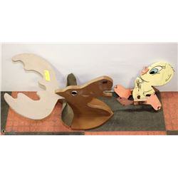 WOOD MOOSE WALL PLAQUE AND WOOD BIRD WIND VANE