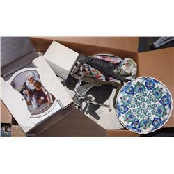 BOX OF COLLECTIBLES INCL NORMAN ROCKWELL PLATES IN