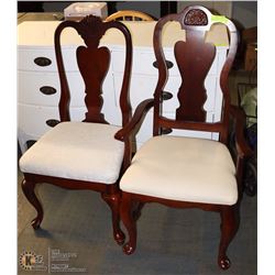 SOLID WOOD AND FABRIC SIDE CHAIRS , ONE WITH