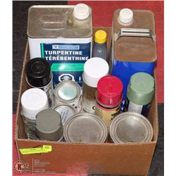 BOX W/TURPENTINE, SPRAY PAINTS & STAIN,
