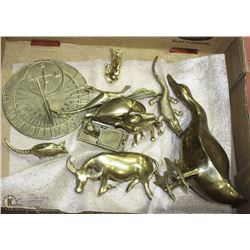 FLAT OF 10 BRASS ANIMALS AND A SUN DIAL INCL