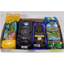 FLAT OF 4 NEW BAGS OF COFFEE INCL BLUE MOUNTAIN,
