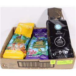 FLAT OF 4 NEW BAGS OF COFFEE INCL MAGNUM EXOTICS,