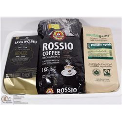 FLAT OF 3 NEW BAGS OF COFFEE INCL ROSSIO,JAVAWORKS