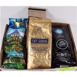FLAT OF 4 NEW BAGS OF COFFEE INCL KICKING HORSE,