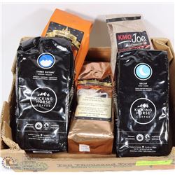 FLAT OF 5 NEW BAGS OF COFFEE INCL KMO JOE, KICKING