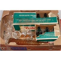 BOX OF VINTAGE BAR WARE, BEER BOTTLES, CRYSTAL ETC