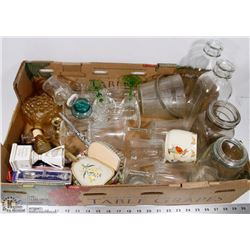 BOX OF VINTAGE GLASSWARE INCL MILK BOTTLES,CRYSTAL