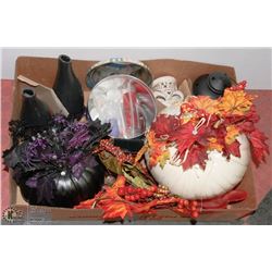 FLAT WITH DECORATIVE PUMPKINS, CANDLES & VASES.