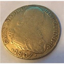 1807-P JF Colombia Gold 8 Escudos Charles IV, 210 YEAR OLD GOLD COIN