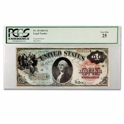 1869 $1.00 Legal Tender Washington VF-25 PCGS "Rainbow Series" Allison/Spinner signatures—Friedberg