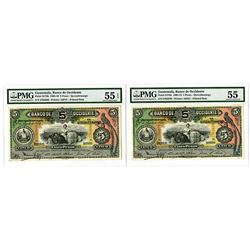 Banco de Occidente en Quezaltenango, 1916 Sequential  Banknote Pair.