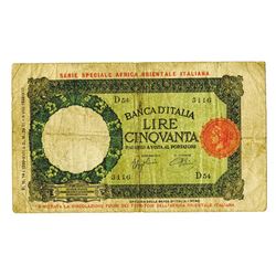 Banca D'Italia-Africa Orientale Italiana, 1939 Issue Banknote.