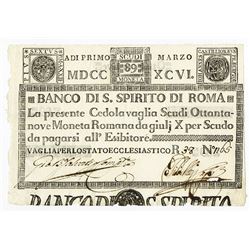 Banco Di S. Spirito Di Roma, 1786 Issue Banknote.