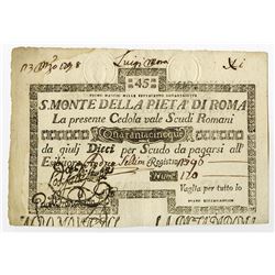 S. Monte Di Pieta A' Di Roma, 1798 "Unlisted Date" Issue Banknote.