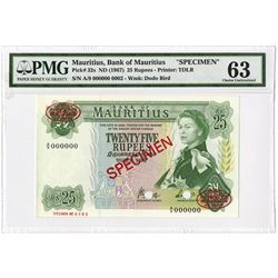 Bank of Mauritius, 1967 ND Specimen Banknote.