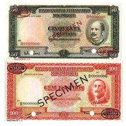 Banco Nacional Ultramarino Mozambique, 1958 Specimen Banknote Pair.