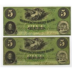 Manufacturers Bank, 1862 Obsolete Banknote Pair.