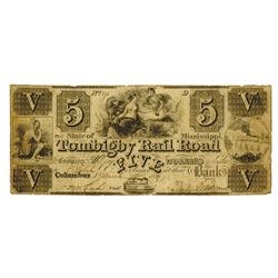 Tombigby Rail Road Co., 1837 Issued Obsolete Banknote.