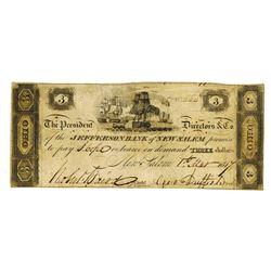 Jefferson Bank of New Salem, 1817 $3 Issued Obsolete Banknote