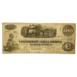 C.S.A.  1862 $100 T-40,  CR-307 Issued banknote.