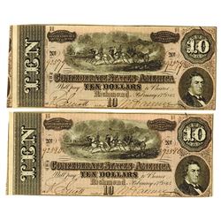 C.S.A., 1864 Lot of 2 $10 Notes T-68, Both AU to Choice AU and Sequential Serial Numbers.