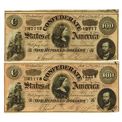 C.S.A., 1864 Lot of 2 $100 Notes T-65 Banknote Pair.