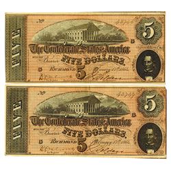 C.S.A., 1864 Lot of 2 $5 Notes T-69, Both AU to Choice AU and Sequential Serial Numbers.