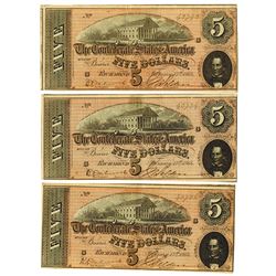 C.S.A., 1864 Lot of 3 $5 Notes T-69, All are AU to Choice AU and 2 with Sequential Serial Numbers.