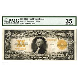 U.S. Gold Certificate, $20 1922, Fr#1187, Speelman |White Signatures.