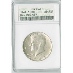 JFK 50c, 1964 D, Double Die Obverse, silver, ANA graded MS62PL