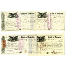 Bank of America, ca.1859-1890 Issued and Cancelled Stock Certificates, 4 Pieces