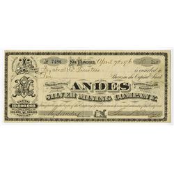 Andes Silver Mining Co., 1876 Issued stock Certificate.