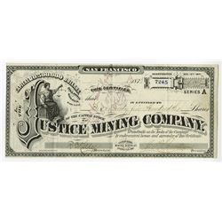 Justice Mining Co., 1878 Issued Stock Certificate.