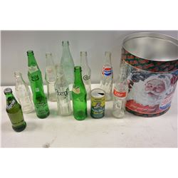 VINTAGE COKE AND SPRITE BOTTLES IN PEPSI TIN