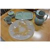 Image 1 : LARGE GLASS SERVING PLATTER AND SET OF GREEN POTTERY SERVING PIECES