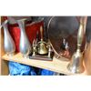 Image 1 : SHELF LOT OF BRASS BELLS AND COPPER COAL HOD AND PEWTER WARES