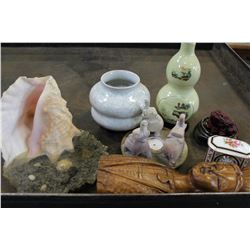 LOT OF EASTERN POTTERY SHELL AND WOOD BUST ETC