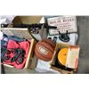 Image 3 : BOX OF PURSES AND METGAL DECOR AND BOS OF SPORTS BALLS AND SWORD