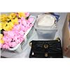 Image 3 : TWO BOXES OF NEW ITEMS AND TOTE OF ARTIFICAL FLOWERS