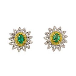 0.64 ctw Emerald and Diamond Earrings - 18KT White and Yellow Gold