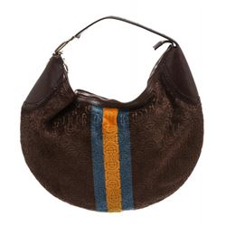 Gucci Brown Velvet Yellow Blue Stripe Horesbit Leather Shoulder Bag
